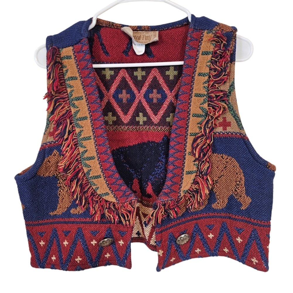 Painted Pony Tapestry Knit Southwestern Bear Country Concho Fringe Vest - Picture 3 of 7